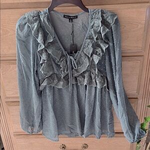 Haute Monde Blue Ruffled Tie Front Blouse